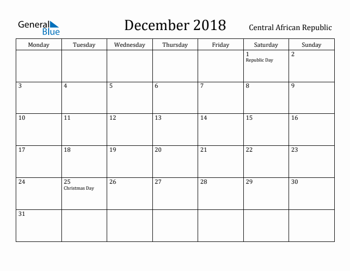 December 2018 Calendar Central African Republic