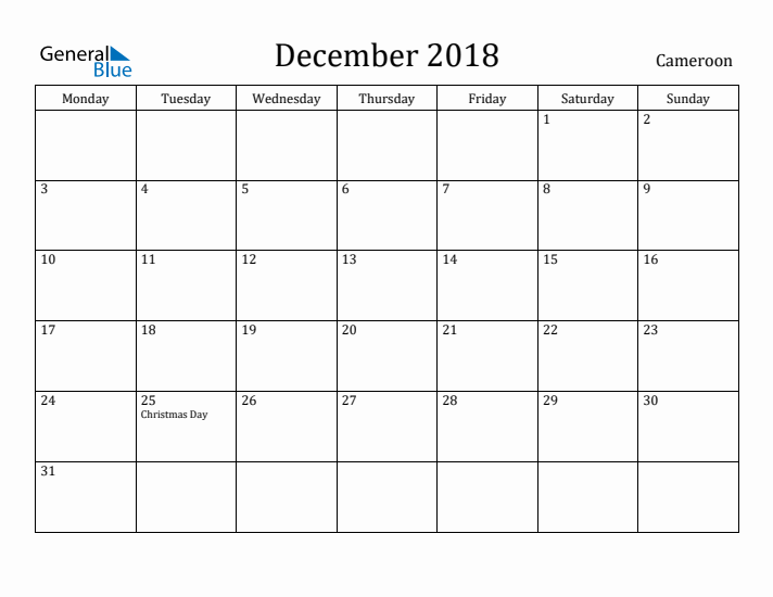 December 2018 Calendar Cameroon