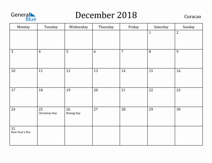 December 2018 Calendar Curacao