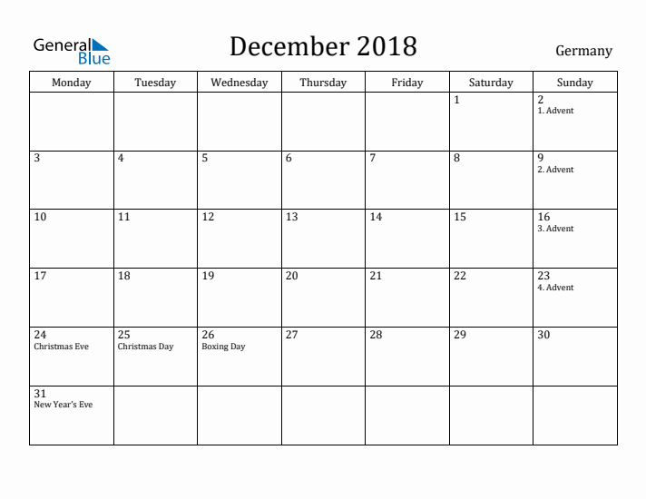 December 2018 Calendar Germany