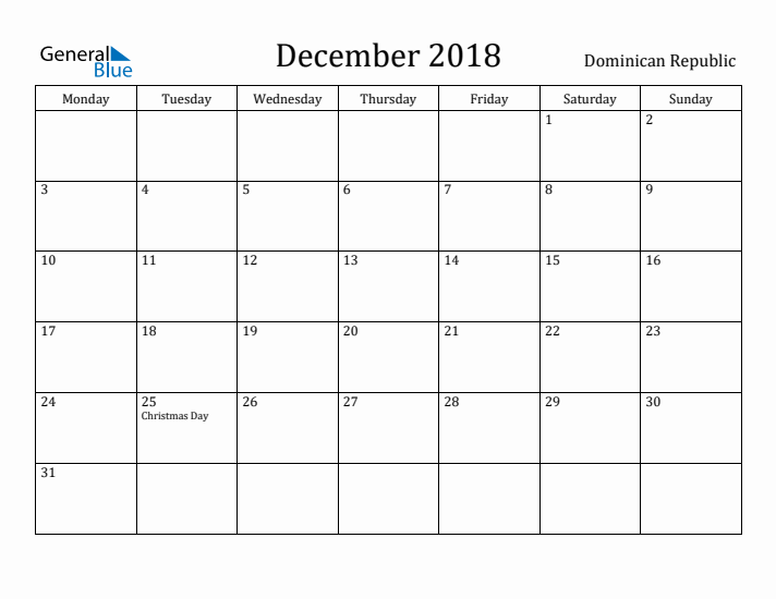 December 2018 Calendar Dominican Republic