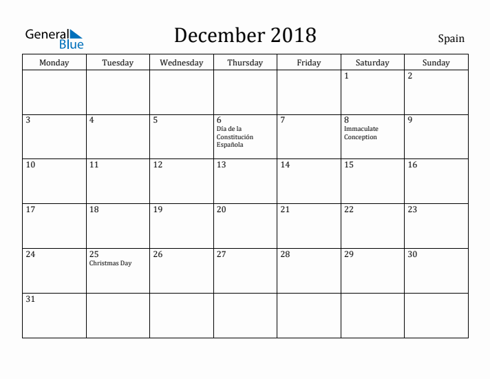 December 2018 Calendar Spain