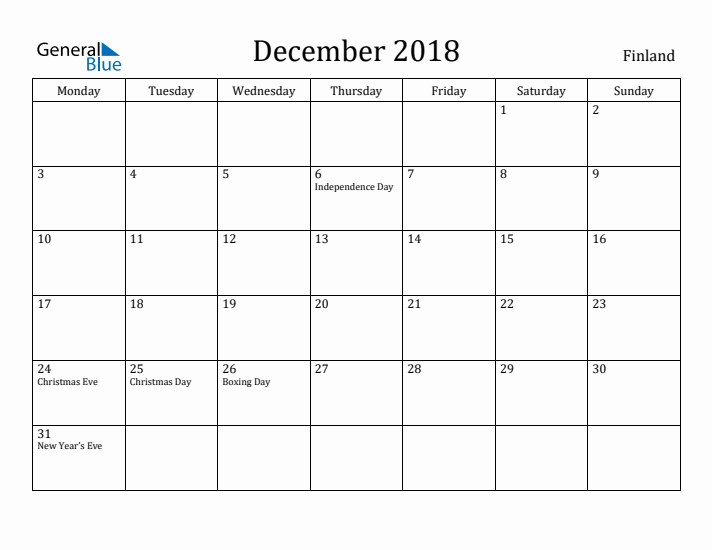 December 2018 Calendar Finland