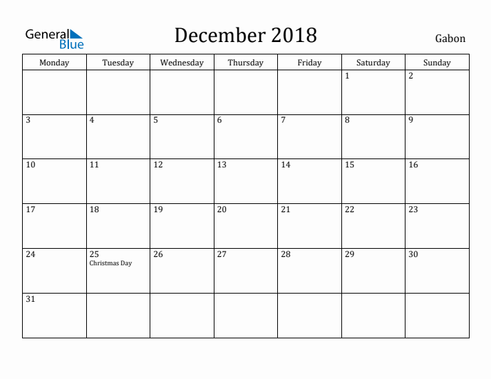 December 2018 Calendar Gabon