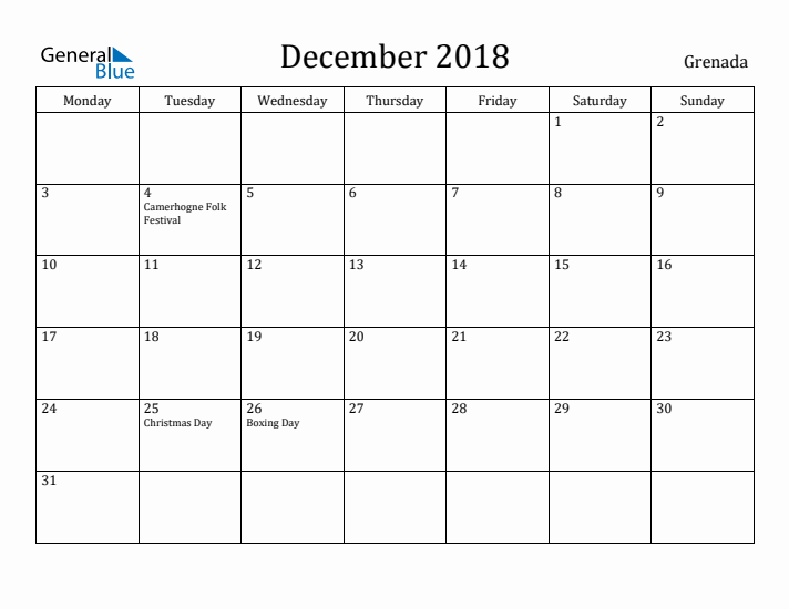 December 2018 Calendar Grenada