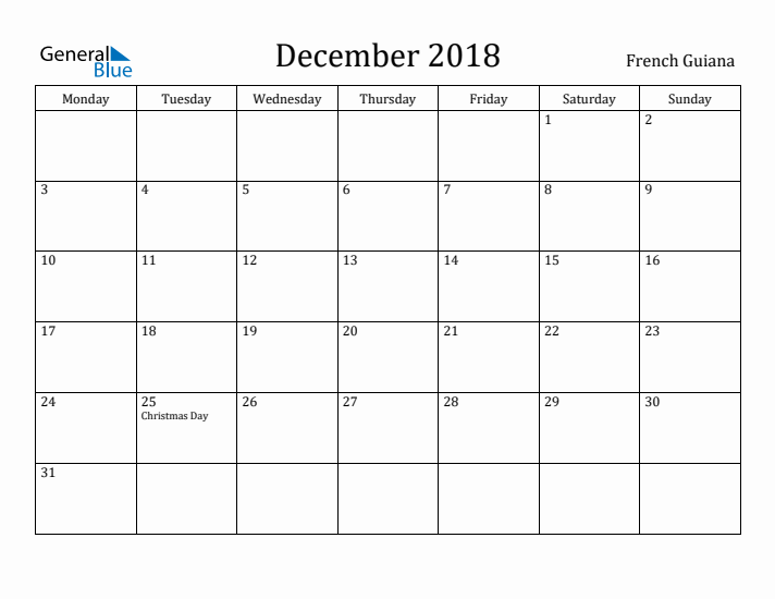 December 2018 Calendar French Guiana