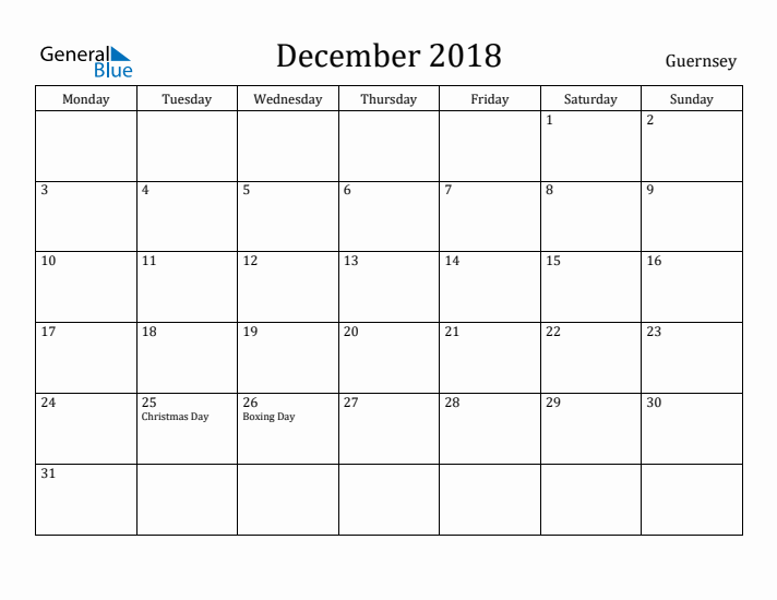 December 2018 Calendar Guernsey