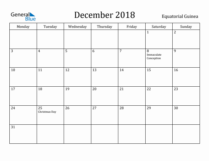 December 2018 Calendar Equatorial Guinea