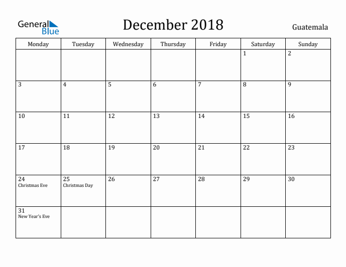 December 2018 Calendar Guatemala