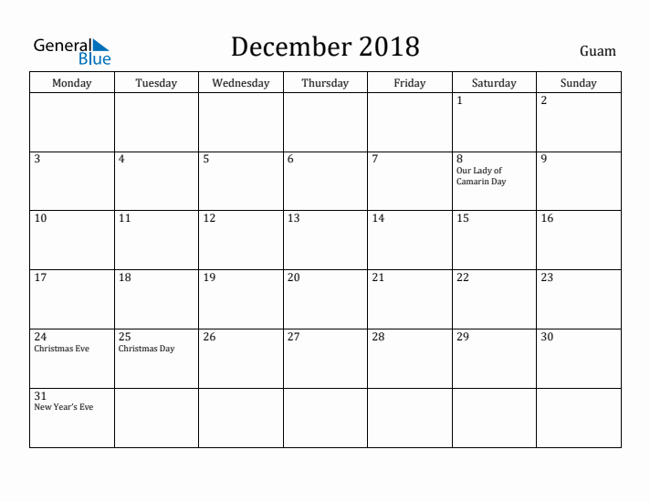 December 2018 Calendar Guam
