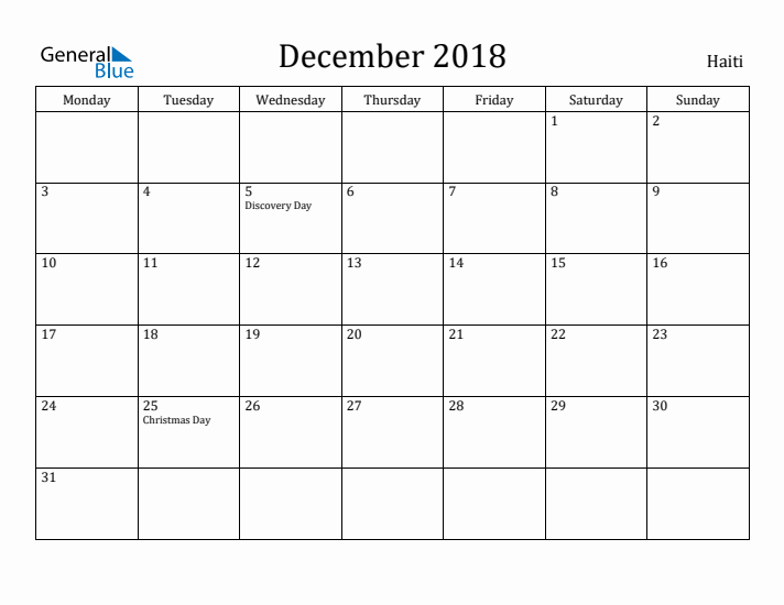 December 2018 Calendar Haiti
