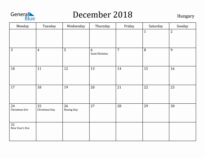 December 2018 Calendar Hungary