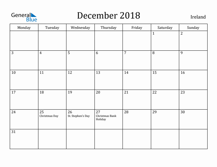 December 2018 Calendar Ireland