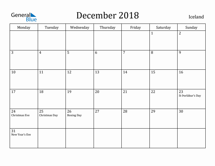 December 2018 Calendar Iceland