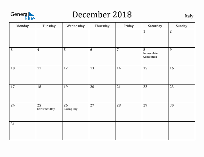 December 2018 Calendar Italy