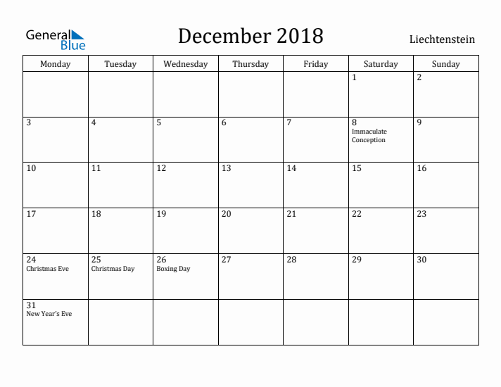December 2018 Calendar Liechtenstein