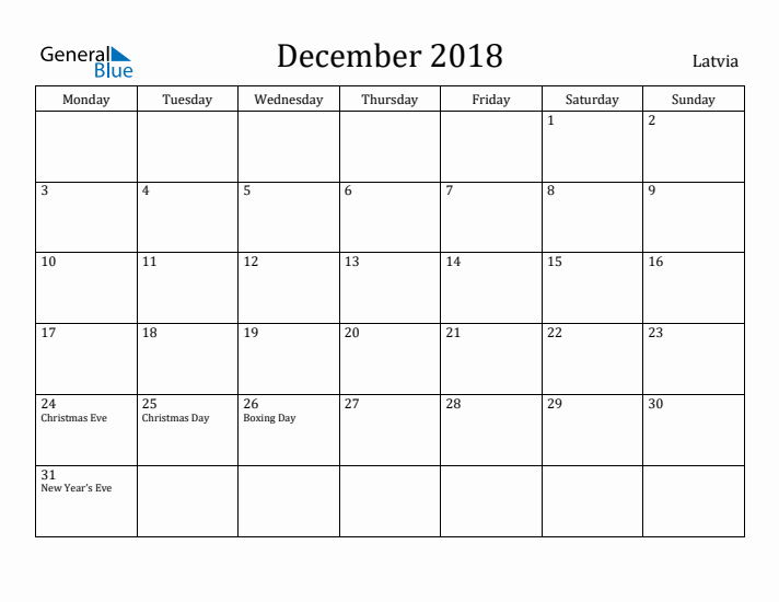 December 2018 Calendar Latvia