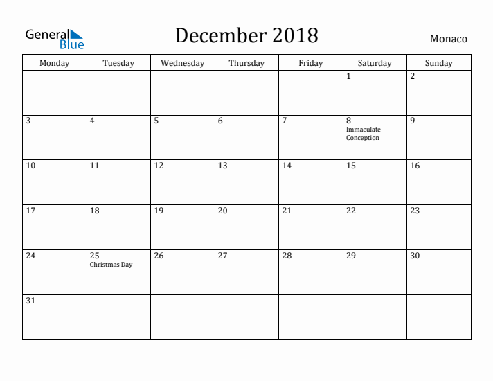 December 2018 Calendar Monaco