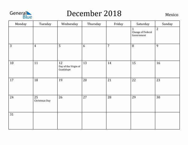 December 2018 Calendar Mexico