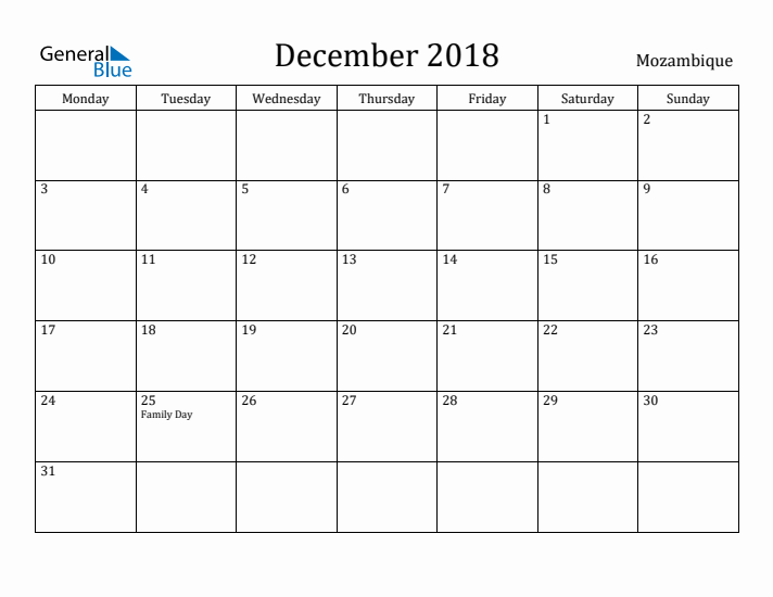 December 2018 Calendar Mozambique