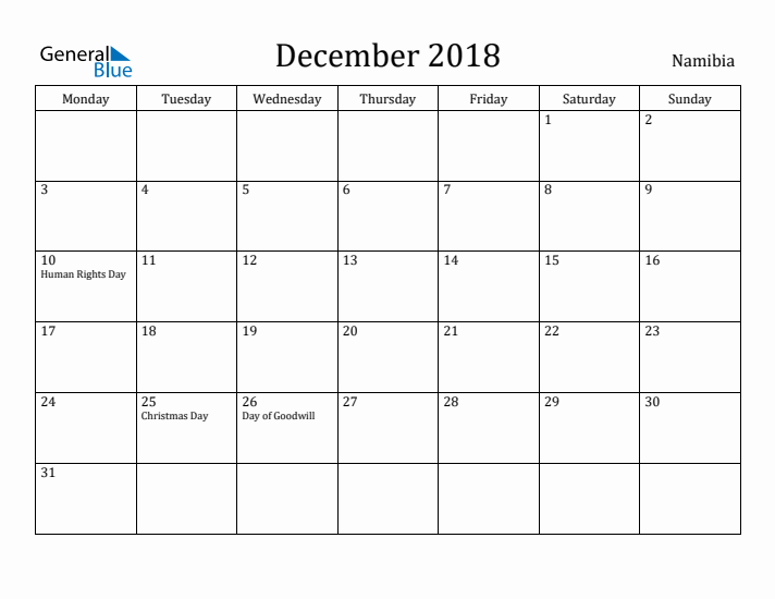 December 2018 Calendar Namibia