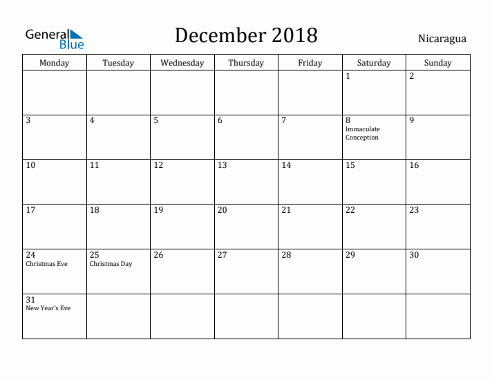 December 2018 Calendar Nicaragua