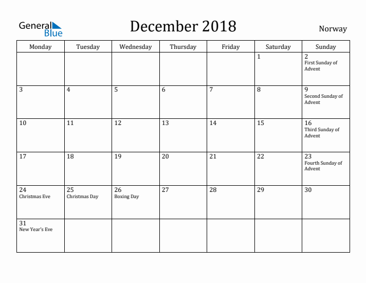 December 2018 Calendar Norway