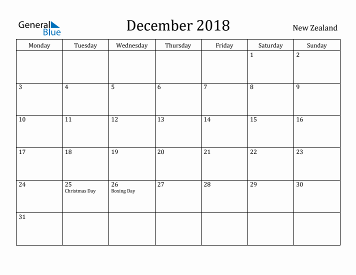 December 2018 Calendar New Zealand