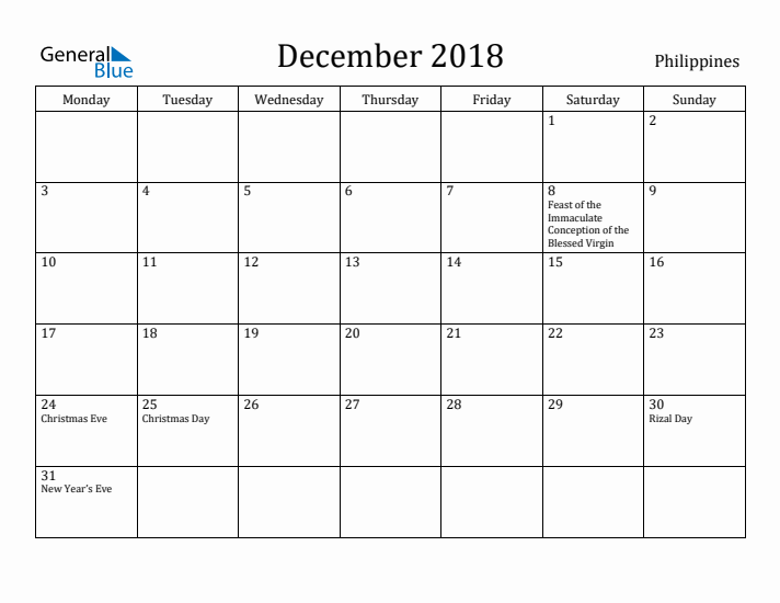 December 2018 Calendar Philippines