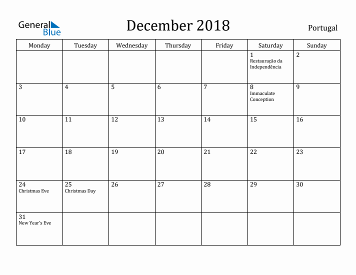 December 2018 Calendar Portugal