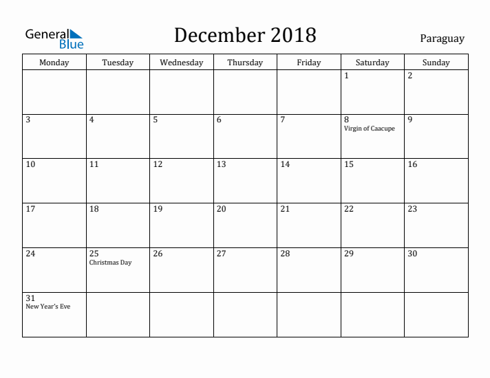 December 2018 Calendar Paraguay