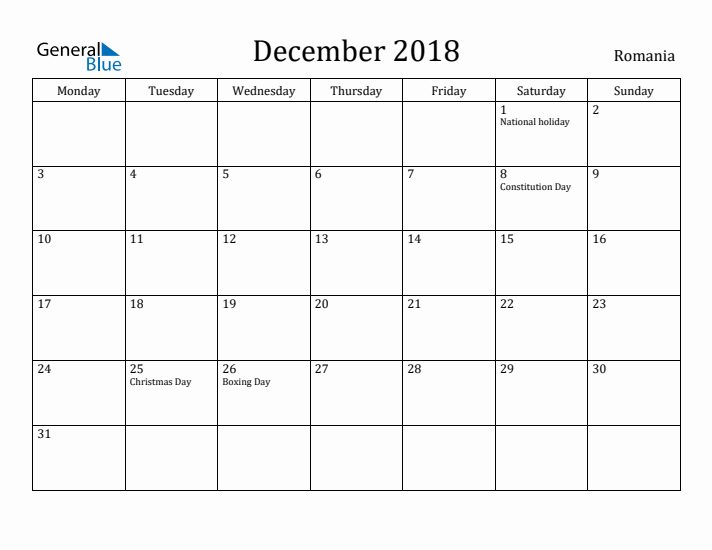 December 2018 Calendar Romania