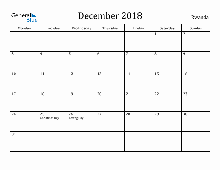 December 2018 Calendar Rwanda