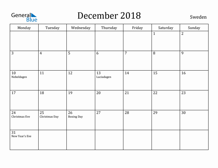 December 2018 Calendar Sweden