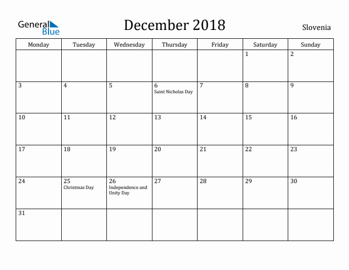 December 2018 Calendar Slovenia