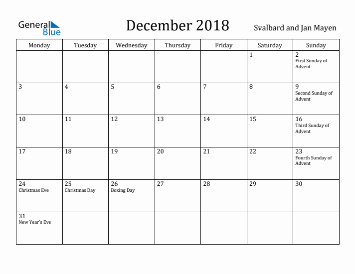 December 2018 Calendar Svalbard and Jan Mayen