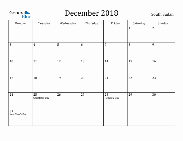 December 2018 Calendar South Sudan