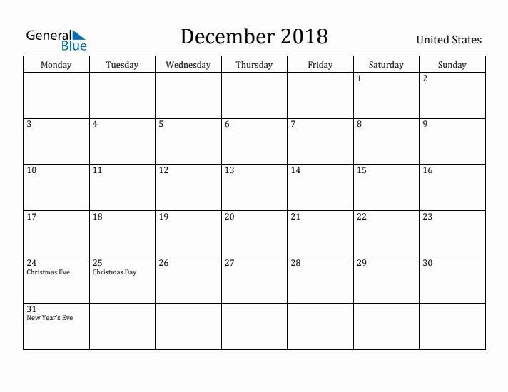 December 2018 Calendar United States