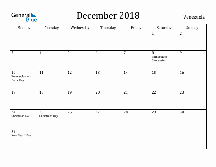 December 2018 Calendar Venezuela