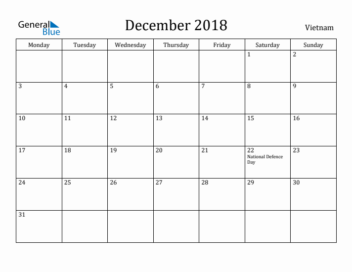 December 2018 Calendar Vietnam