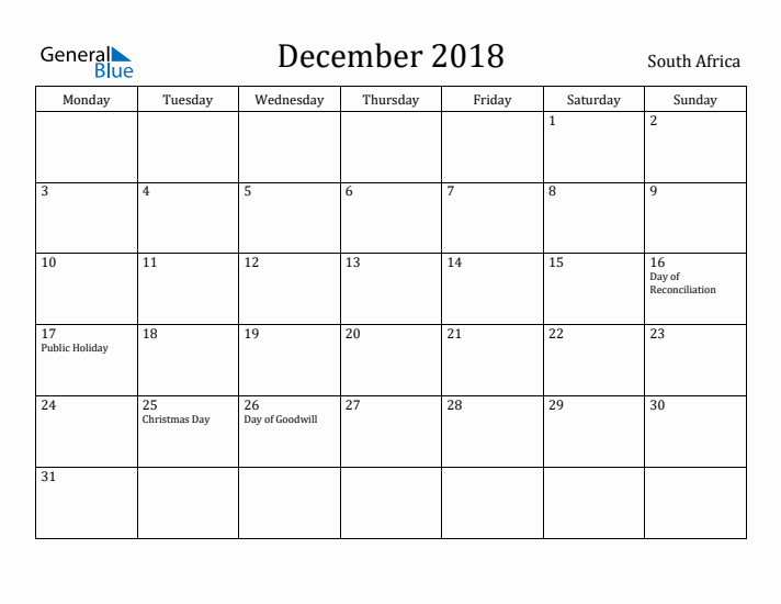 December 2018 Calendar South Africa