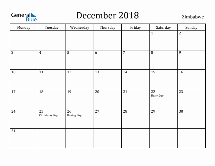 December 2018 Calendar Zimbabwe
