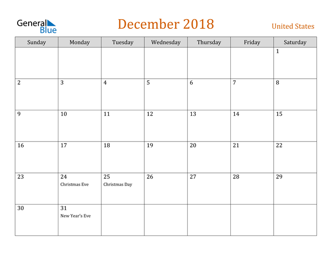 Us December 2018 Calendar
