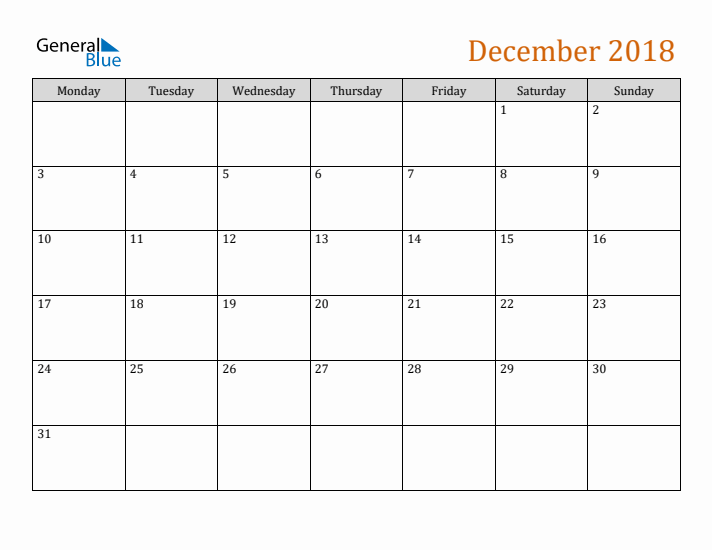Editable December 2018 Calendar