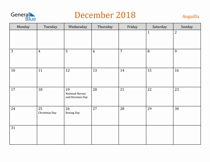 December 2018 Holiday Calendar with Monday Start