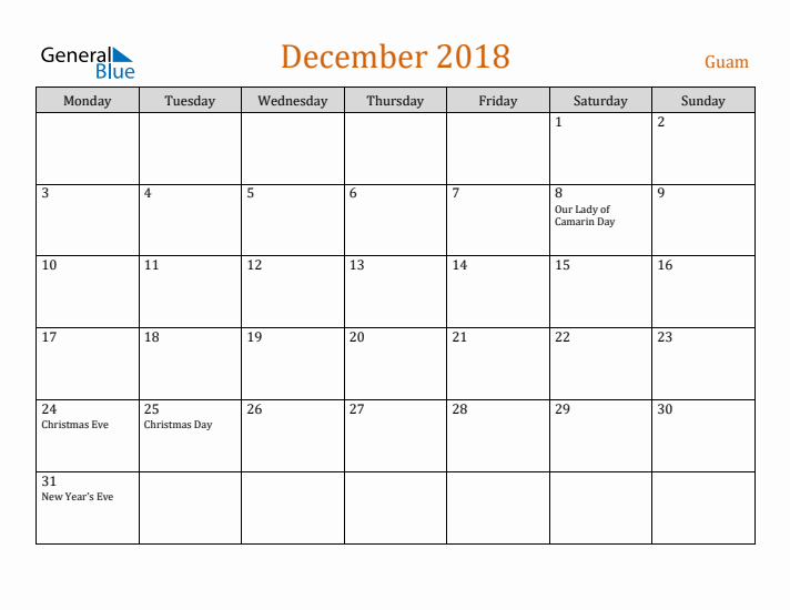 December 2018 Holiday Calendar with Monday Start