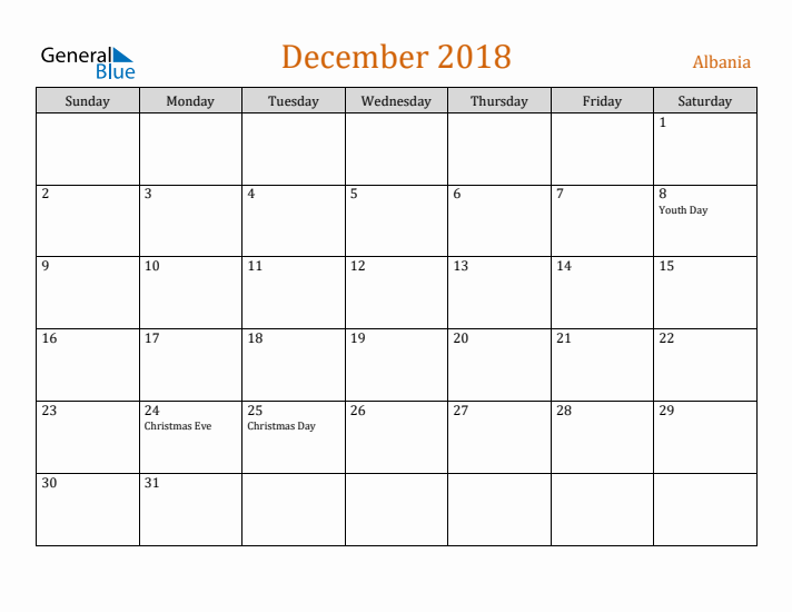 December 2018 Holiday Calendar with Sunday Start