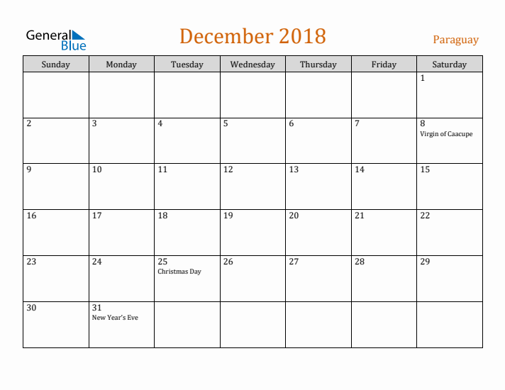 December 2018 Holiday Calendar with Sunday Start