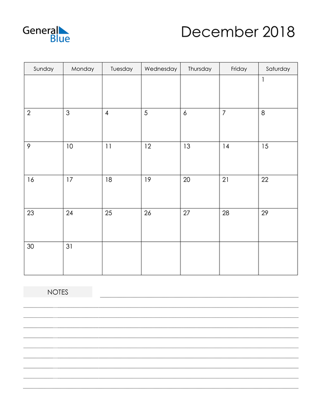  Printable Calendar with Notes - December 2018