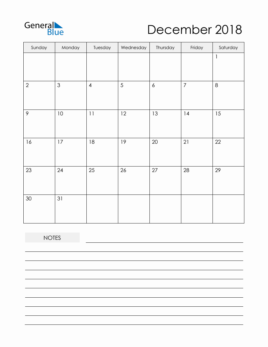 December 2018 Monthly Planner Calendar